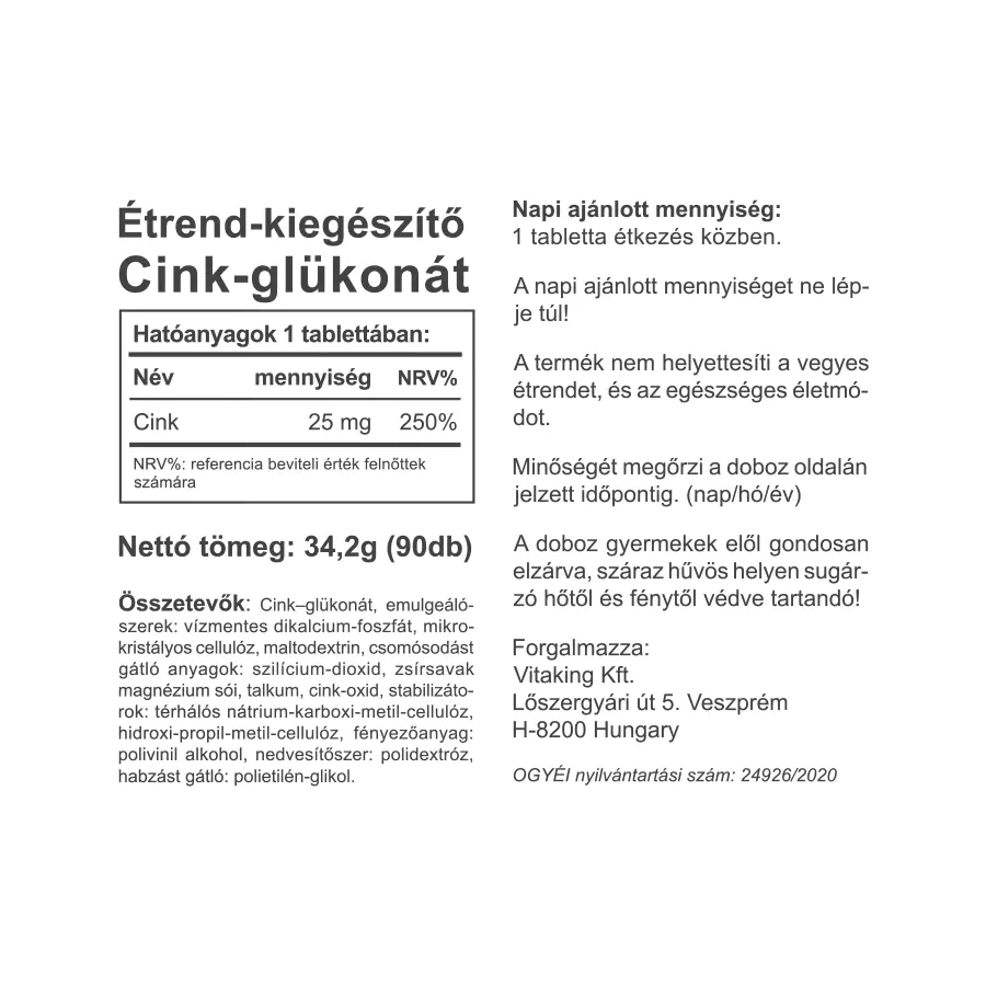 Cink Glükonát 25mg - 90 tabletta - Vitaking
