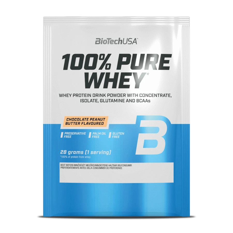 100% Pure Whey tejsavó fehérjepor - csokoládé-mogyoróvaj - 28g - BioTech USA
