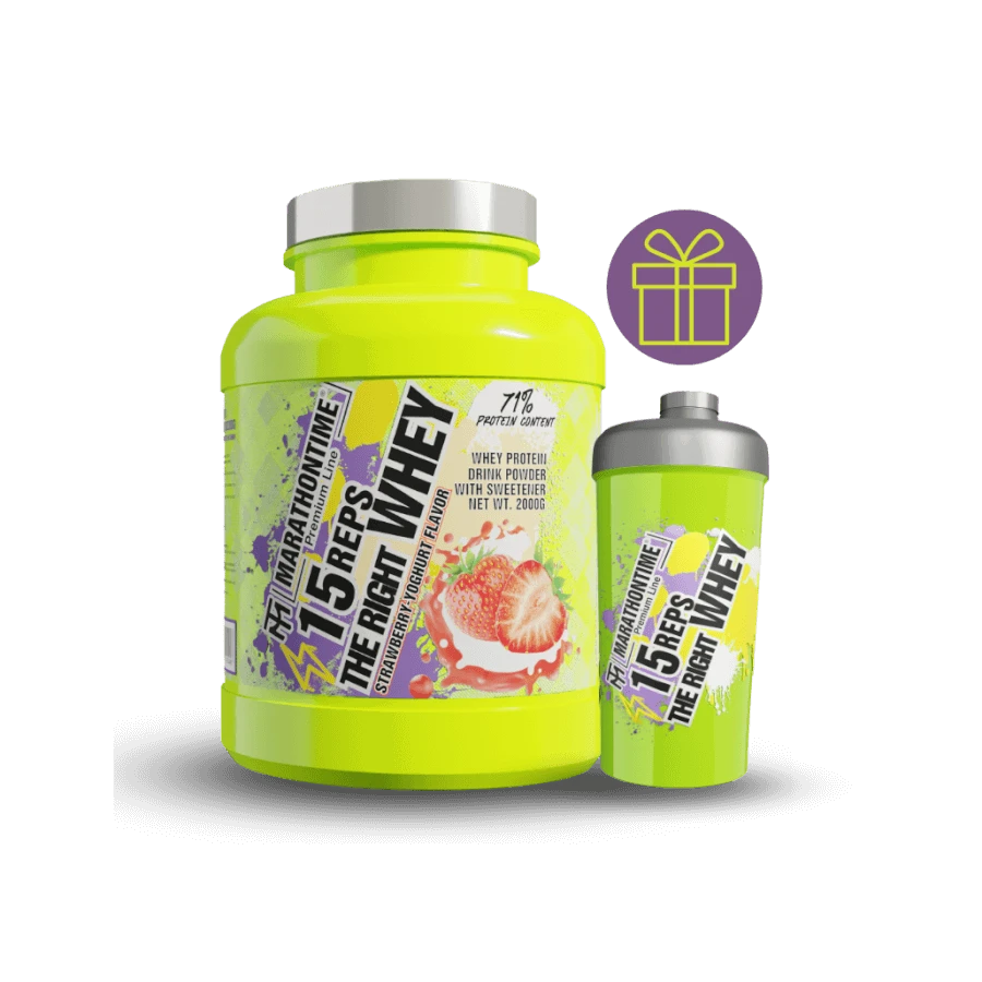 15 REPS THE RIGHT WHEY Fehérje Koncentrátum -  2000 g - Ajándék Neon Shakerrel - eper joghurt - Marathontime