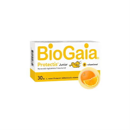 BioGaia Protectis Junior + D-vitamin, étrend-kiegészítő rágótabletta, 3 éves kortól - 30 db